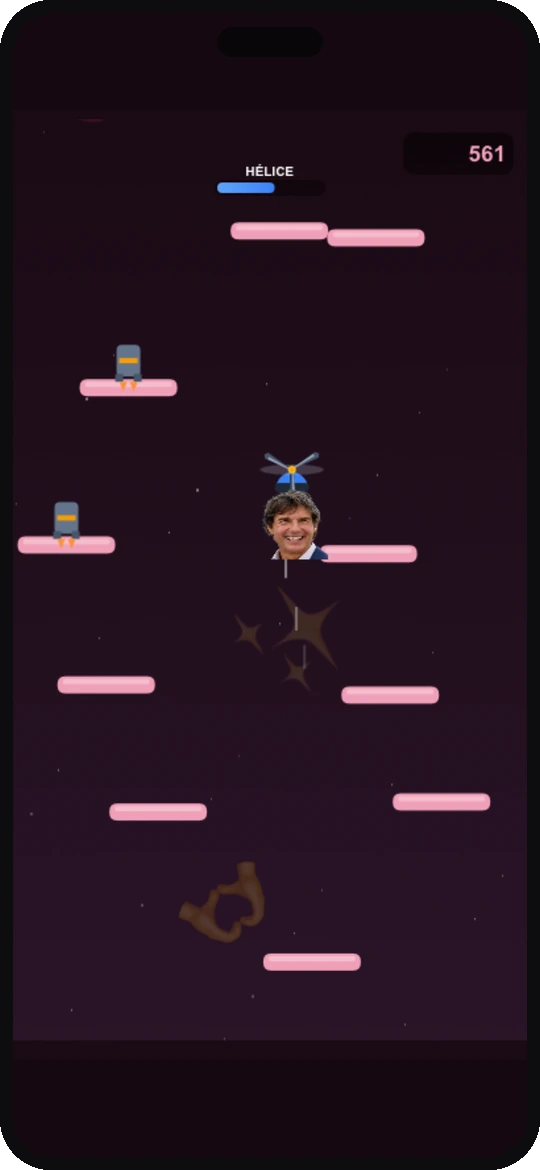Capture d'écran iPhone : Doodle Jump façon mariage, héros qui rebondit de plateforme en plateforme dans un ciel pastel