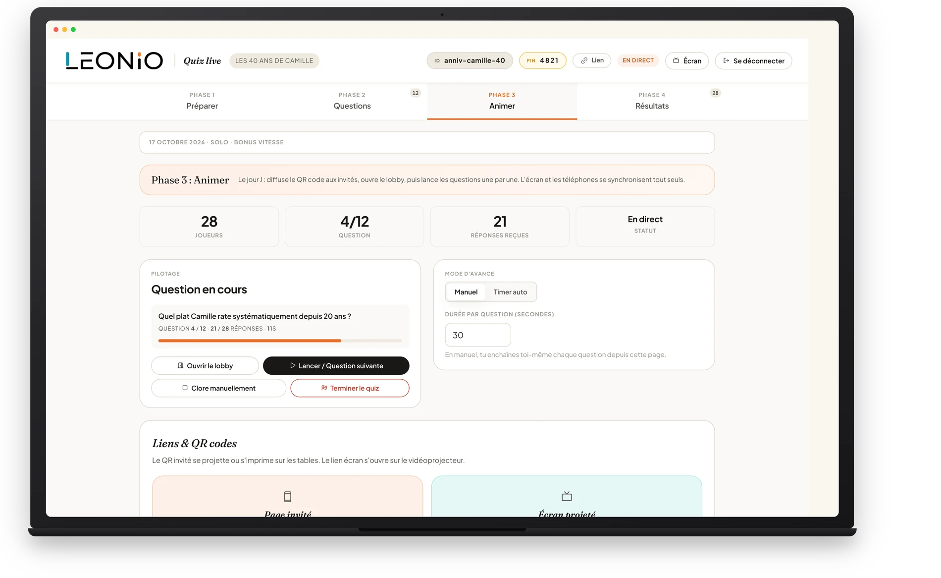 Régie Quiz live sur ordinateur : question en cours, réponses reçues et QR codes