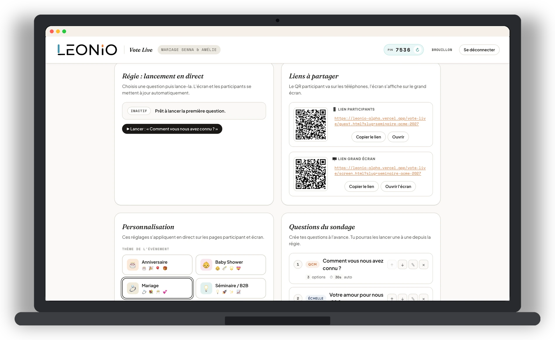 Régie Vote Live sur ordinateur : tableau de bord avec QR codes et questions