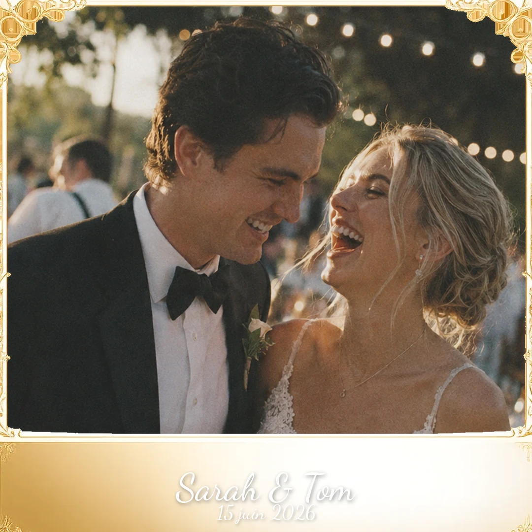 Polaroid couple Sarah et Tom avec cadre mariage doré