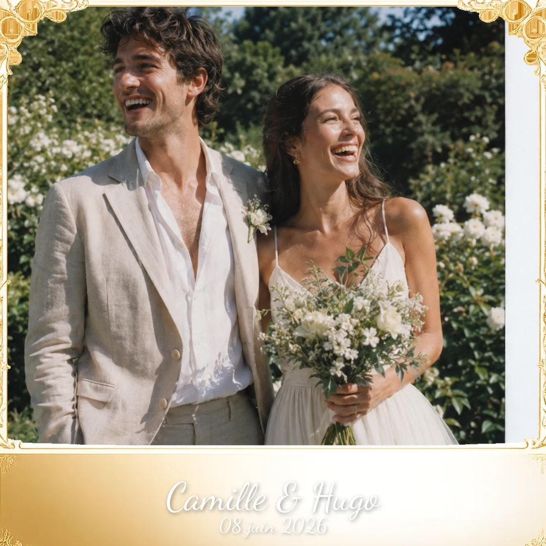 Polaroid couple Camille et Hugo avec cadre mariage doré